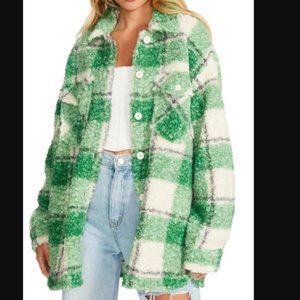 STEVE MADDEN   Plaid Faux Shearling Shirt Jacket In Emerald Green